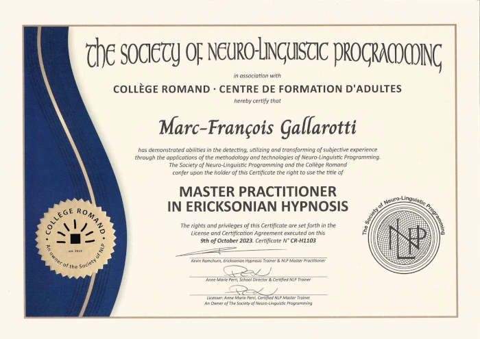 Certificat de Maître Praticien en hypnose ericksonienne délivré par la NLP